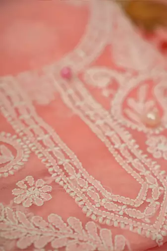 hand embroidered peach georgette lucknowi chikankari unstitched suit piece 