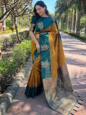 Mustard zari woven soft silk women's saree with blouse piece 1