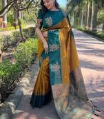 Mustard zari woven soft silk women's saree with blouse piece