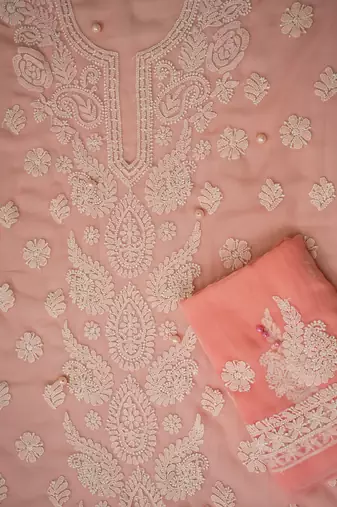 hand embroidered peach georgette lucknowi chikankari unstitched suit piece 
