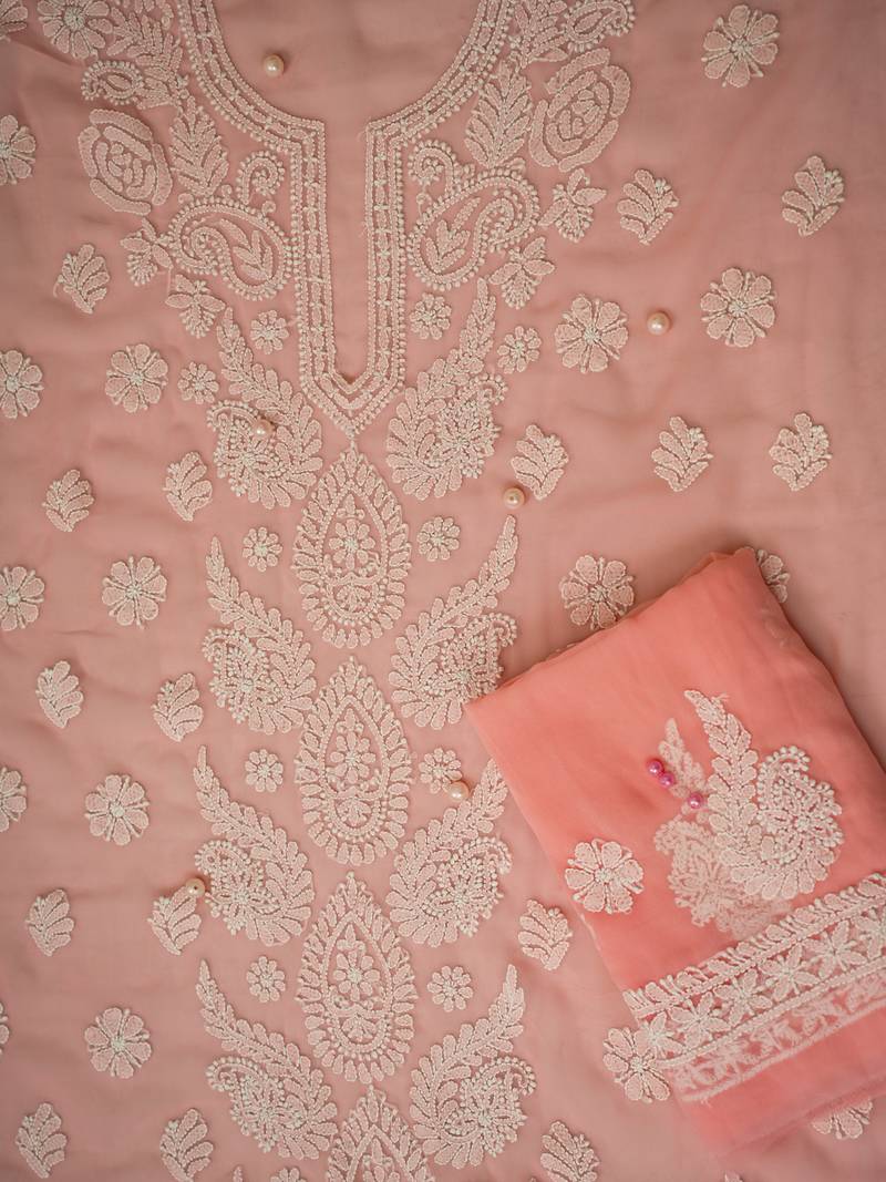 hand embroidered peach georgette lucknowi chikankari unstitched suit piece 