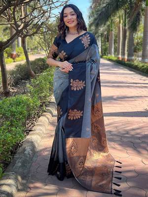 Grey zari woven soft silk women's saree with blouse piece 1