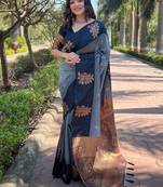 Grey zari woven soft silk women's saree with blouse piece