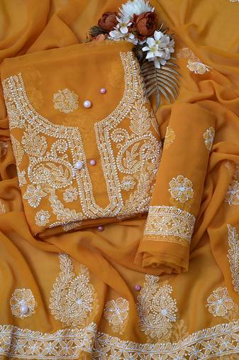 hand embroidered mustard georgette lucknowi chikankari unstitched suit piece 