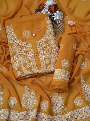 hand embroidered mustard georgette lucknowi chikankari unstitched suit piece  1