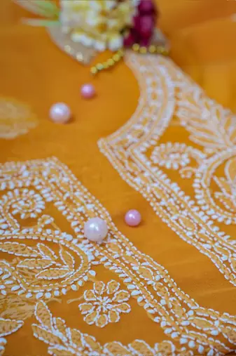hand embroidered mustard georgette lucknowi chikankari unstitched suit piece 