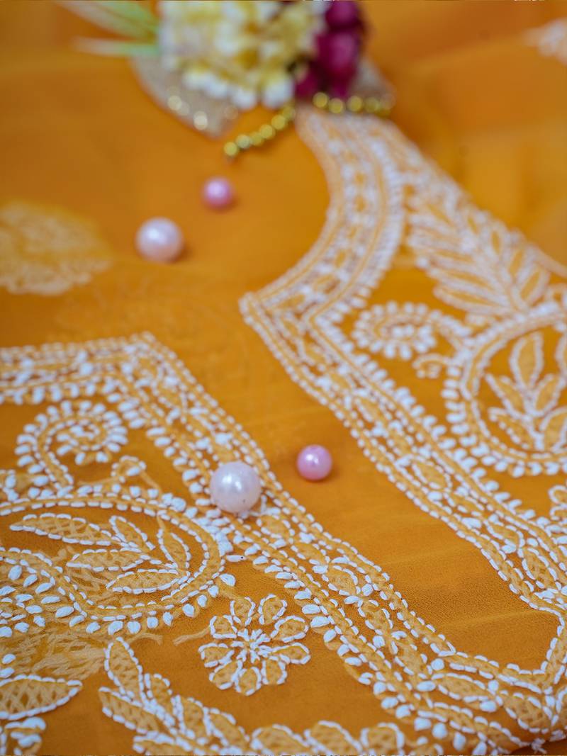 hand embroidered mustard georgette lucknowi chikankari unstitched suit piece 