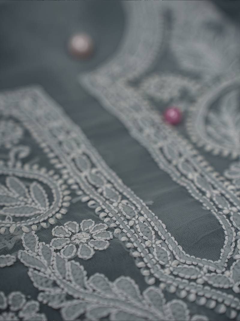 hand embroidered grey georgette lucknowi chikankari unstitched suit piece 