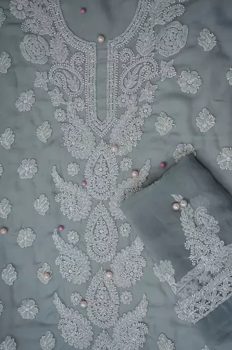 hand embroidered grey georgette lucknowi chikankari unstitched suit piece 