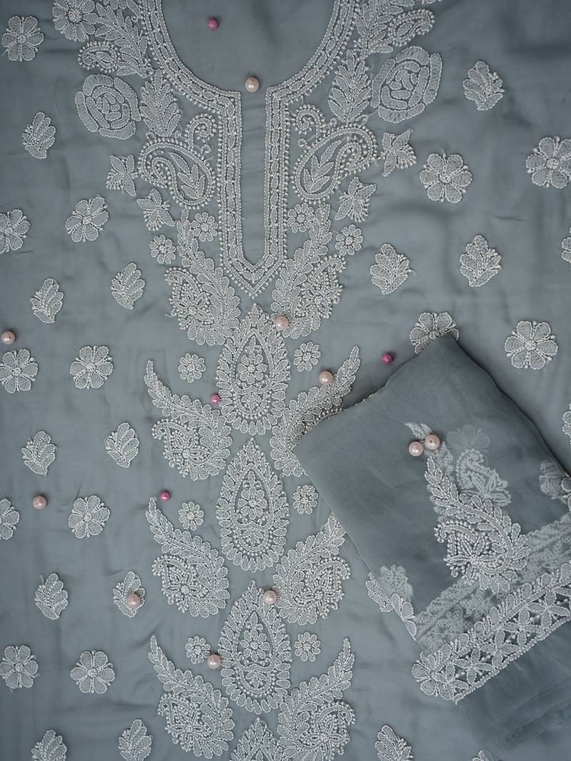 hand embroidered grey georgette lucknowi chikankari unstitched suit piece 