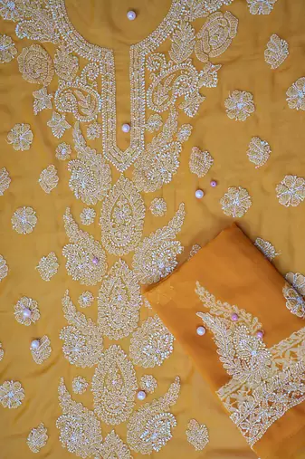 hand embroidered mustard georgette lucknowi chikankari unstitched suit piece 