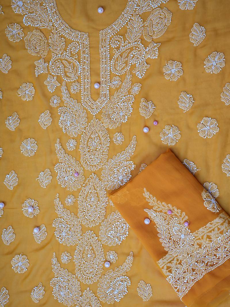 hand embroidered mustard georgette lucknowi chikankari unstitched suit piece 