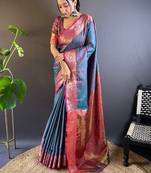 Blue zari woven kashmiri silk women's saree with blouse piece