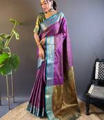 Purple zari woven kashmiri silk women's saree with blouse piece