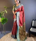 Red zari woven kashmiri silk women's saree with blouse piece