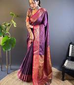 Wine zari woven kashmiri silk women's saree with blouse piece