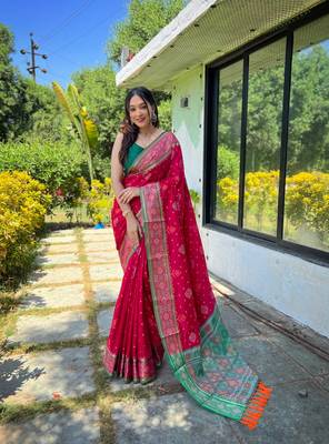 Pink patola silk saree and has a  zari border blouse piece 1