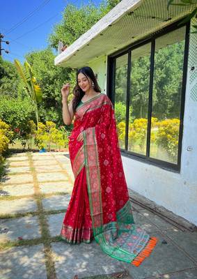 Red patola silk saree and has a  zari border blouse piece 1