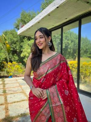 Red patola silk saree and has a  zari border blouse piece 2