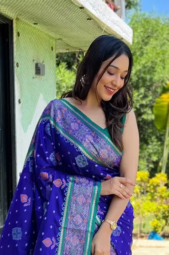 Royal blue patola silk saree and has a  zari border blouse piece