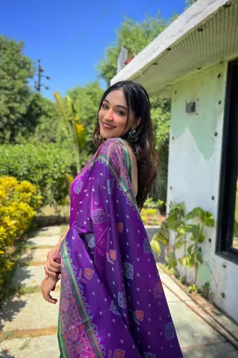 Purple patola silk saree and has a  zari border blouse piece