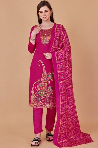Pink banarasi silk meenakari dress material with bandhani printed chinnon dupatta