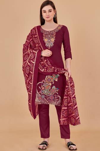 Maroon banarasi silk meenakari dress material with bandhani printed chinnon dupatta