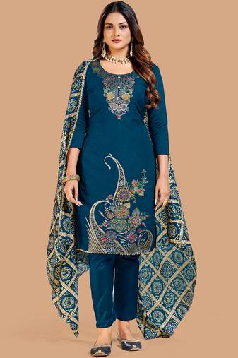 Teal blue banarasi silk meenakari dress material with bandhani printed chinnon dupatta