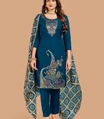 Teal blue banarasi silk meenakari dress material with bandhani printed chinnon dupatta