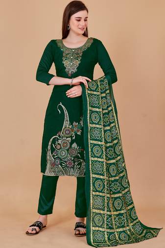 Green banarasi silk meenakari dress material with bandhani printed chinnon dupatta