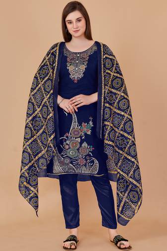 Blue banarasi silk meenakari dress material with bandhani printed chinnon dupatta