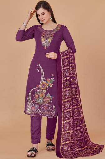 Purple banarasi silk meenakari dress material with bandhani printed chinnon dupatta