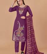 Purple banarasi silk meenakari dress material with bandhani printed chinnon dupatta