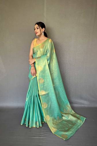 Teal tissue silk saree with unstitched blouse piece
