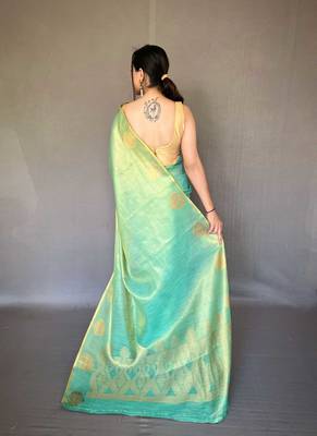 Teal tissue silk saree with unstitched blouse piece 2