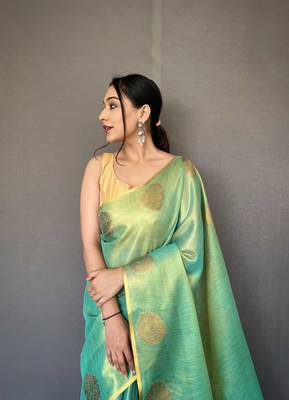 Teal tissue silk saree with unstitched blouse piece 3