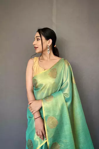 Teal tissue silk saree with unstitched blouse piece