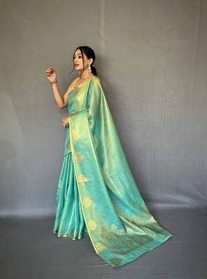 Teal tissue silk saree with unstitched blouse piece 4