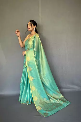 Teal tissue silk saree with unstitched blouse piece