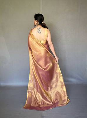 Peach tissue silk saree with unstitched blouse piece 2
