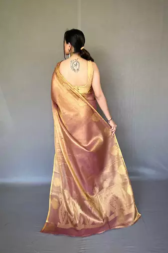 Peach tissue silk saree with unstitched blouse piece