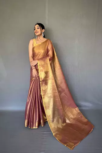 Peach tissue silk saree with unstitched blouse piece