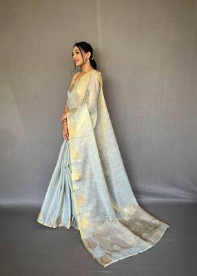 Grey tissue silk saree with unstitched blouse piece 1