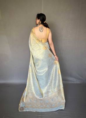 Grey tissue silk saree with unstitched blouse piece 2