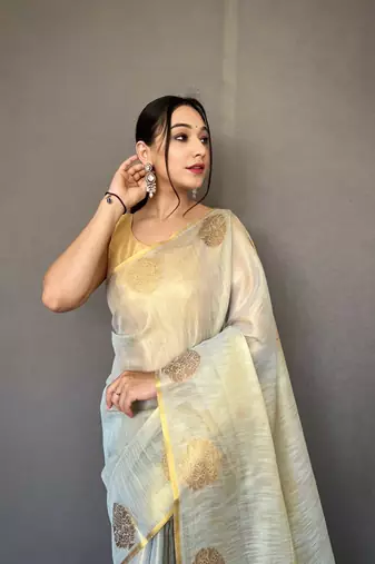 Grey tissue silk saree with unstitched blouse piece