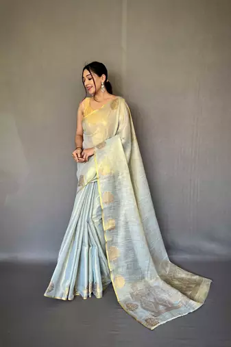 Grey tissue silk saree with unstitched blouse piece