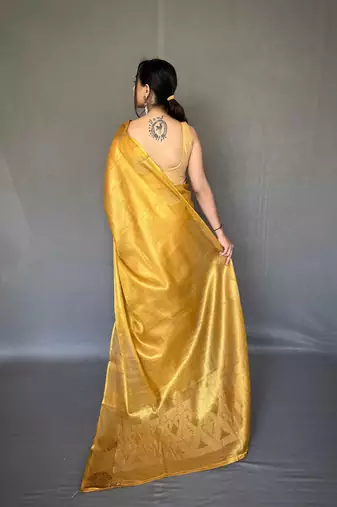Yellow tissue silk saree with unstitched blouse piece