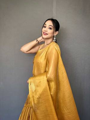 Yellow tissue silk saree with unstitched blouse piece 3