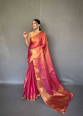 Pink tissue silk saree with unstitched blouse piece 1