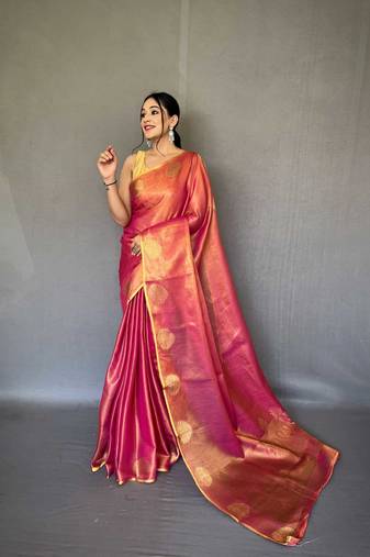 Pink tissue silk saree with unstitched blouse piece